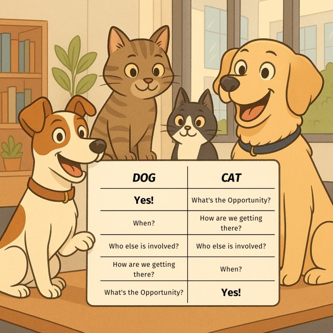 🐕 Dog reaction: Yes! When? Who else will be there? How are we getting there? What are we gonna do?
🐈 Cat reaction: What are we gonna do? How are we getting there? Who else will be there? When? Yes!